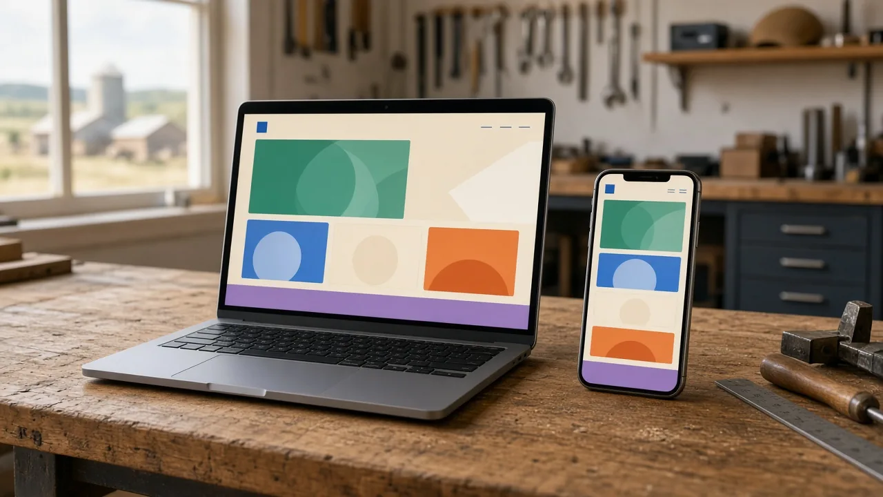 Laptop and smartphone showing a business website resting on a workshop bench